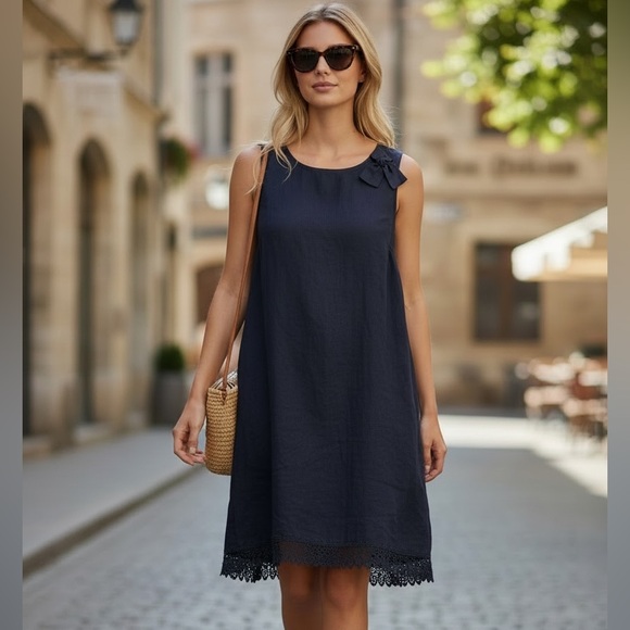 Bellambra Dresses & Skirts - BELLAMBRA Italy 100% Linen Navy Blue Lace Trim Shift Dress Lagenlook L
